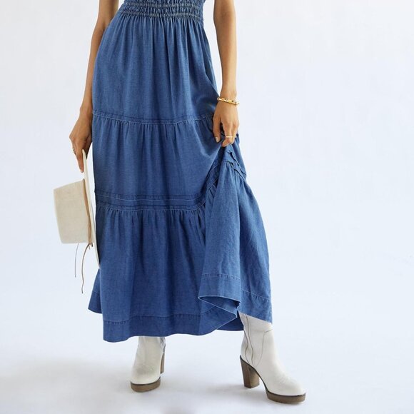Anthropologie Somerset Maxi Dress Denim Chambray Western Tiered size L - Picture 5 of 16